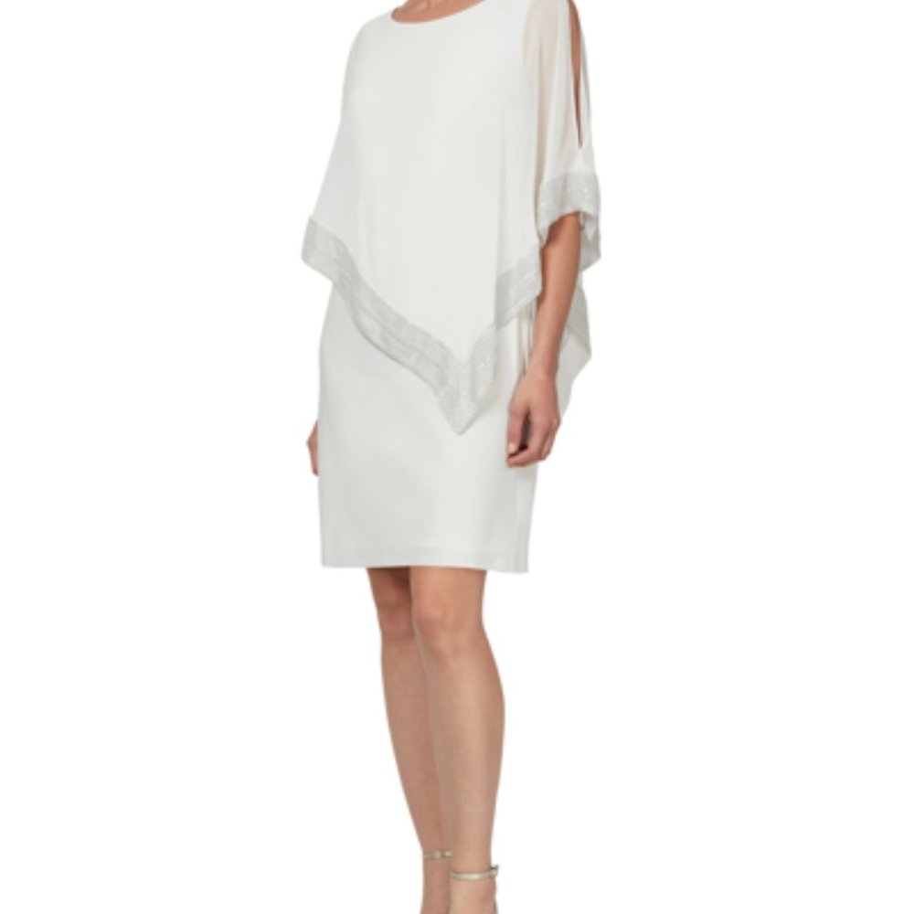 NEW-Capelet Sheath Dress-Ivory (white)/silver trim -great for wedding!!